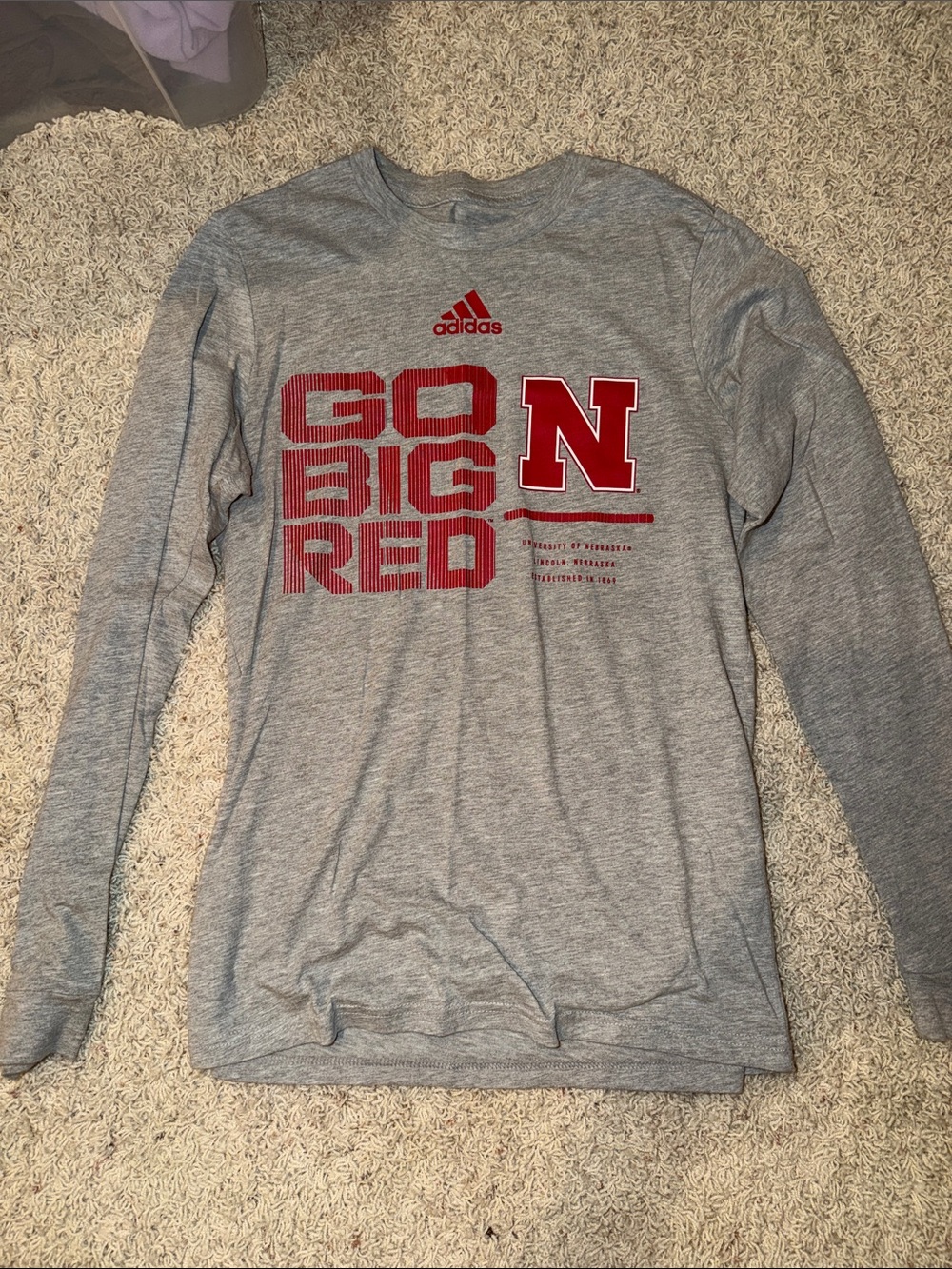 Unisex Nebraska adidas Gray Long Sleeve Tee with Red 'N' & GO BIG RED Graphic